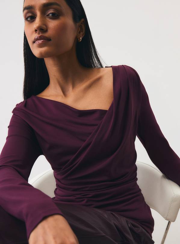 Berry Red Draped Crewneck Long Sleeve Top 22